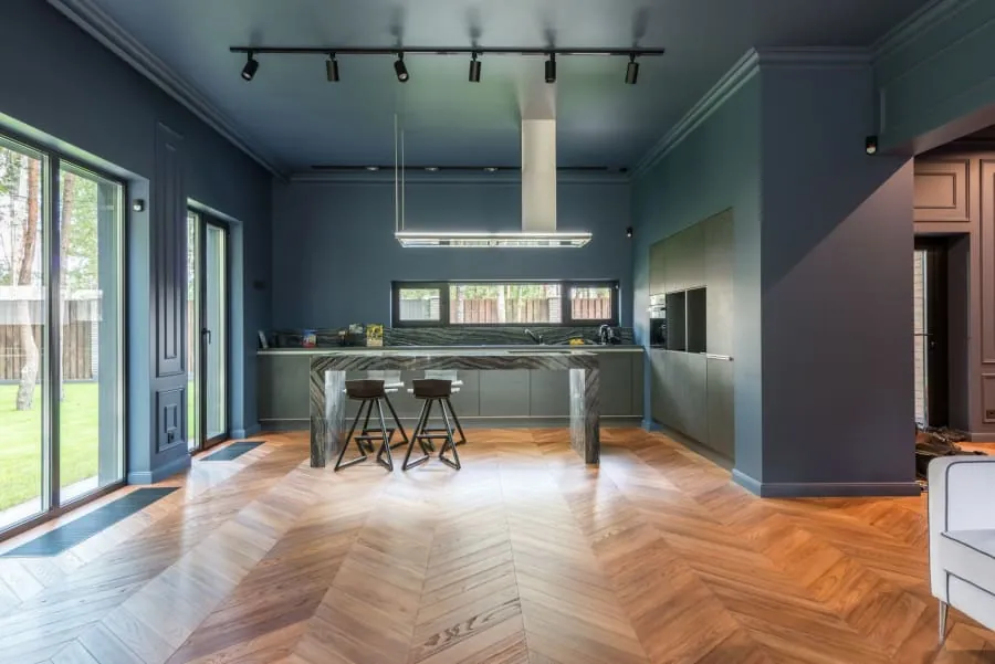 Engineered wood flooring in a traditional Bath kitchen