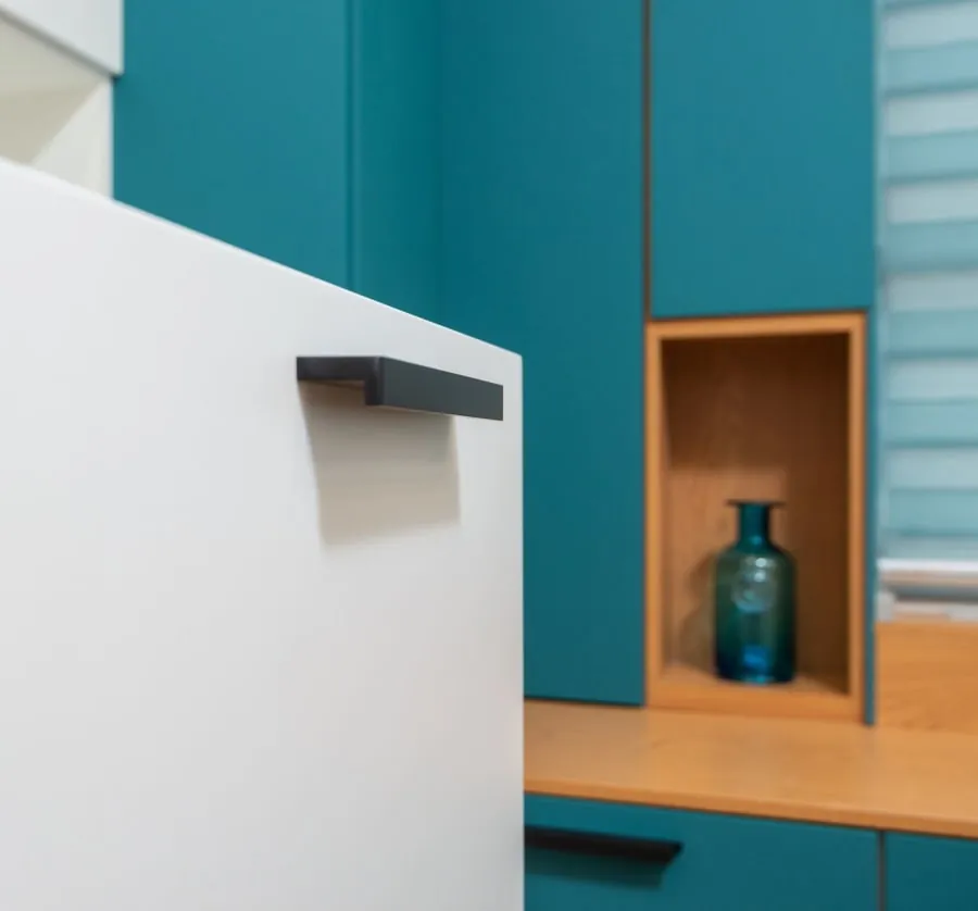 Kitchen cabinet door and handle detail in a Bath kitchen