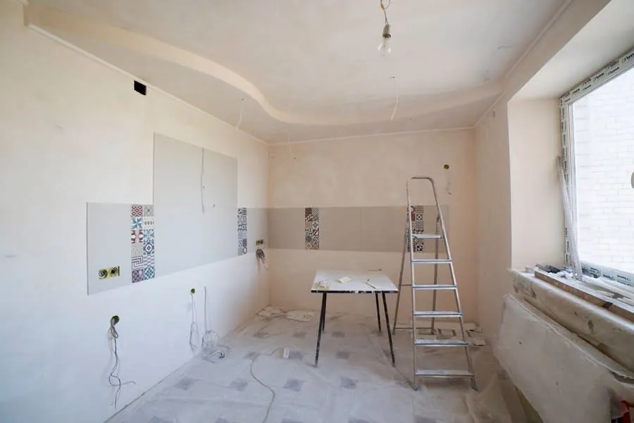 Kitchen under renovation in a period Bath property with uneven walls being prepared