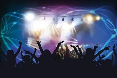 Silhouetted crowd with raised arms at a concert, stage with bright lights.